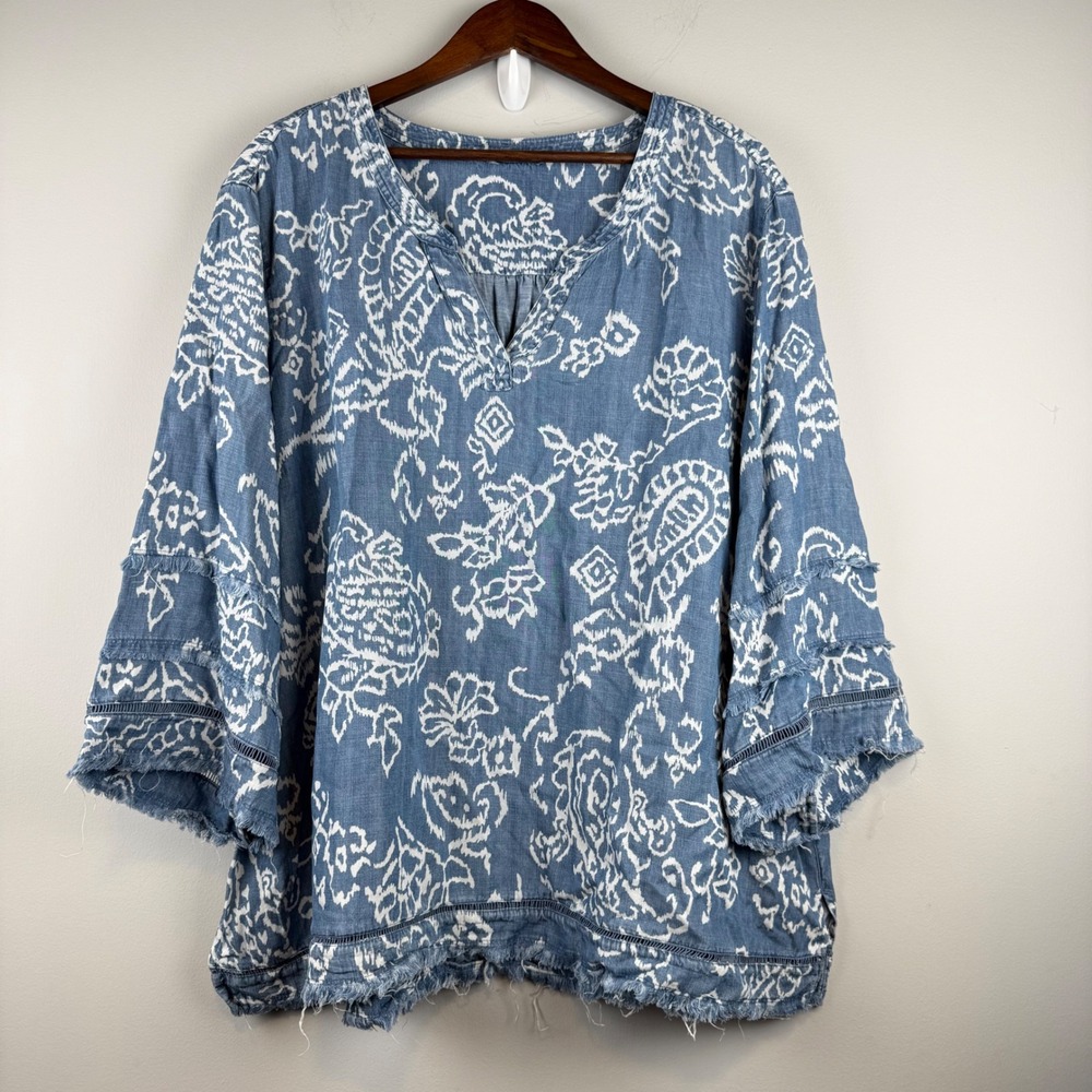 Chambray Look Ikat Floral Boho Top Womens 2X Blue Frayed Hem Peasant Ladder Lace